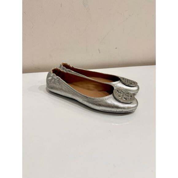 Tory Burch Metallic Leather Slip On Scrunch Ballet Flats Silver Women's Size 7 - Picture 4 of 6